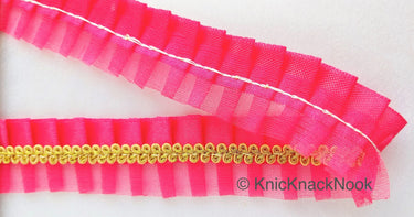 Watermelon Red Satin And Watermelon Red Net Fabric Trim With Gold Embroidery Trimming, Pleated Lace, Trim